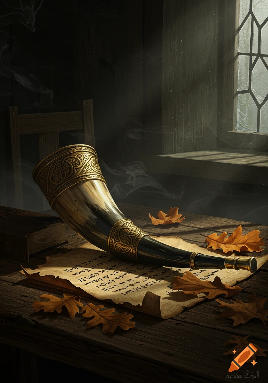 A decorative drinking horn with ornate gold bands lies on a wooden table, next to a book and scattered autumn leaves, bathed in light from a leaded window.