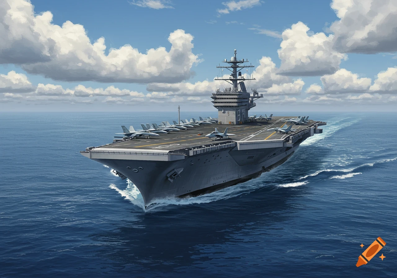A large grey aircraft carrier with fighter jets on its deck sails through the blue ocean under a partly cloudy sky.
