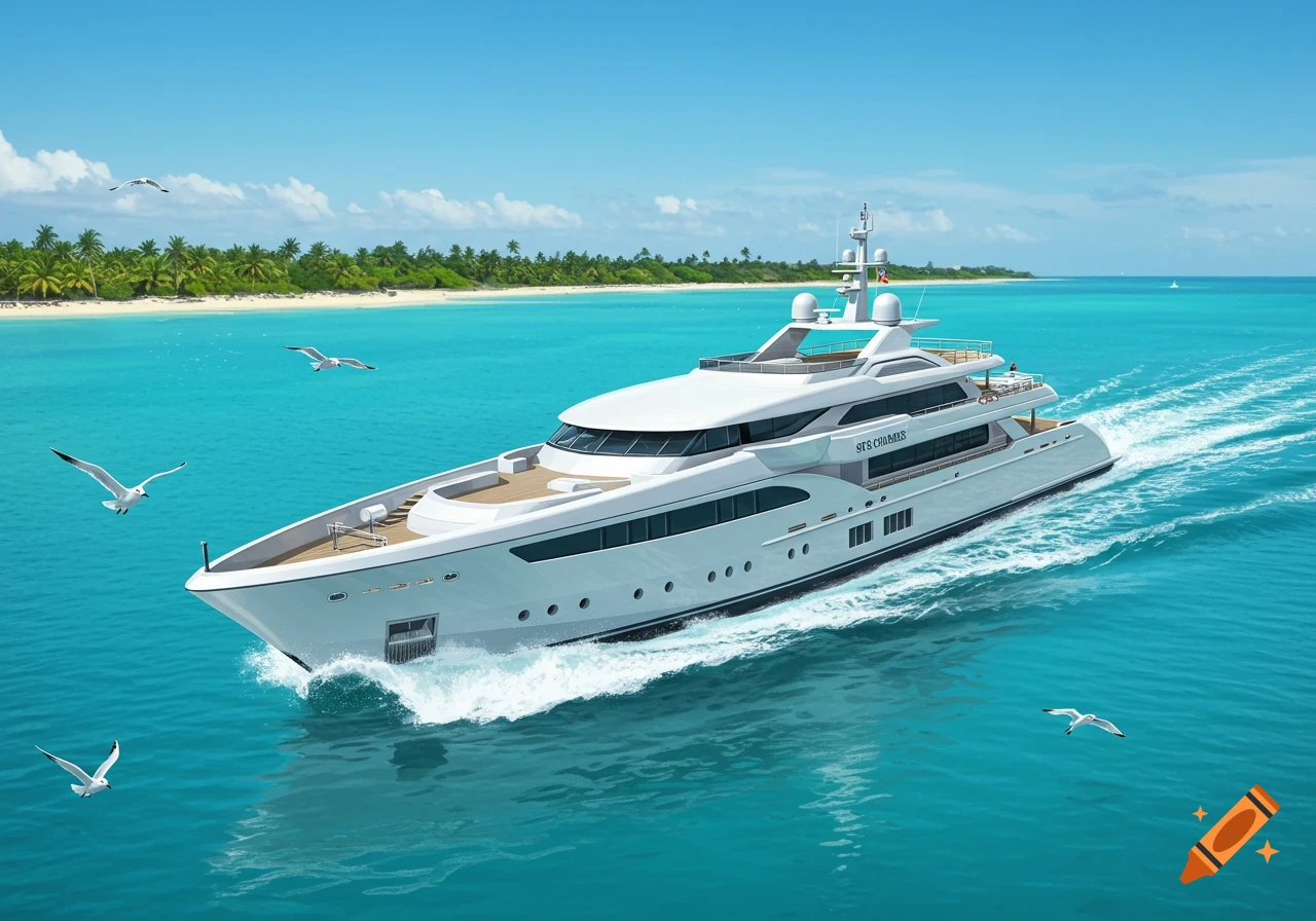 A white luxury yacht speeds across clear blue tropical waters with an island and palm trees in the background, under a bright blue sky.