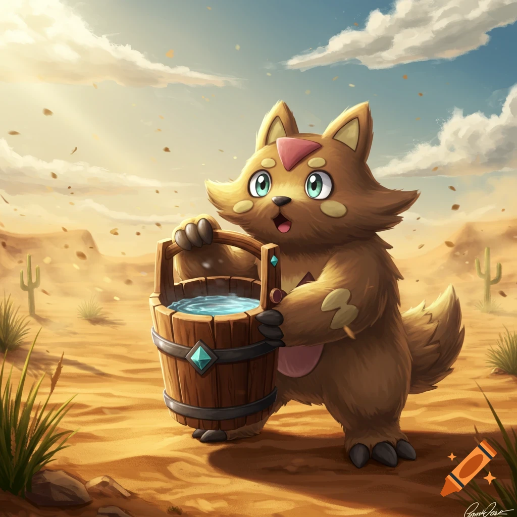 A cute, brown, furry desert creature with green eyes holds a wooden bucket of water in a sandy landscape with cacti, digital art.