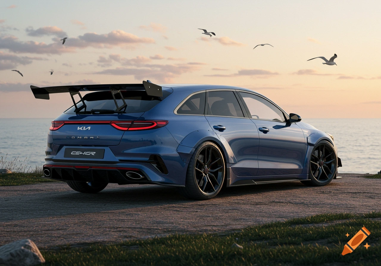 Photorealistic blue Kia shooting brake with a large rear wing and wide body kit parked by the ocean at sunset.