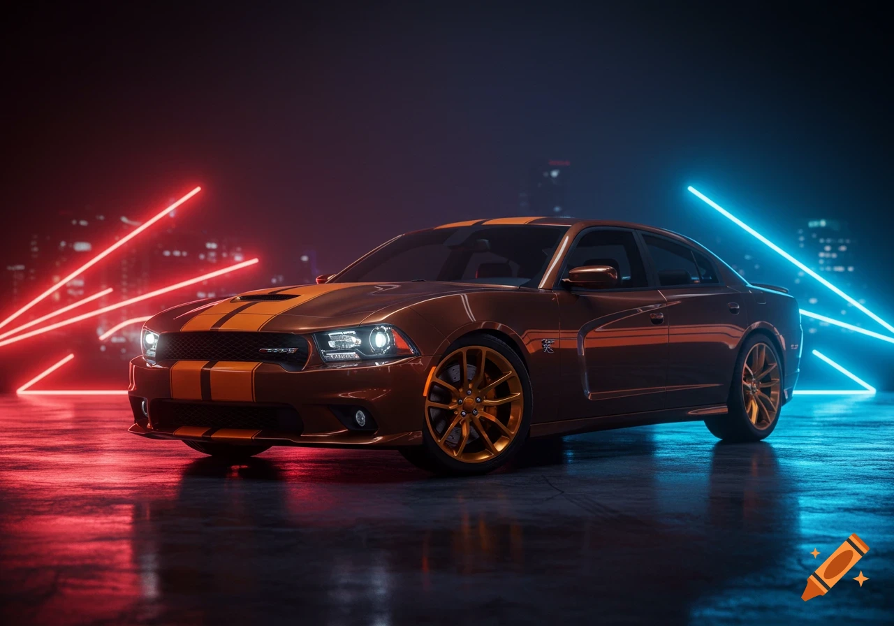 A dark brown Dodge Charger with orange racing stripes and gold rims sits under red and blue neon lights.