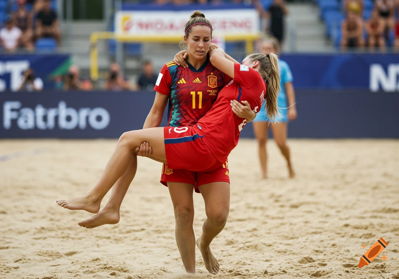 A Spanish beach soccer player in a red uniform carries an injured teammate across a sandy court, hyperrealistic.
