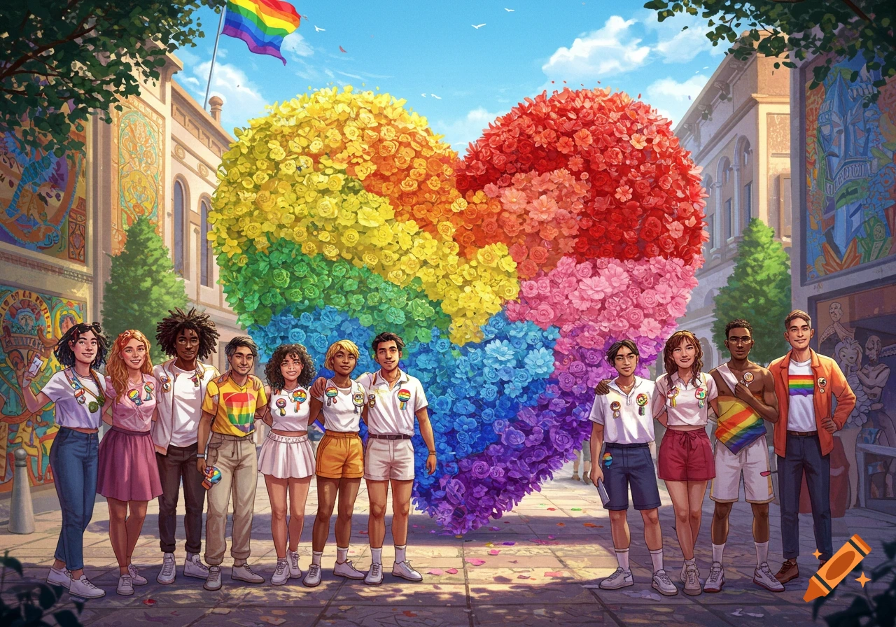 A diverse group of people celebrating Pride in a vibrant illustration, standing in front of a giant rainbow floral heart and a flying rainbow flag in a city square.