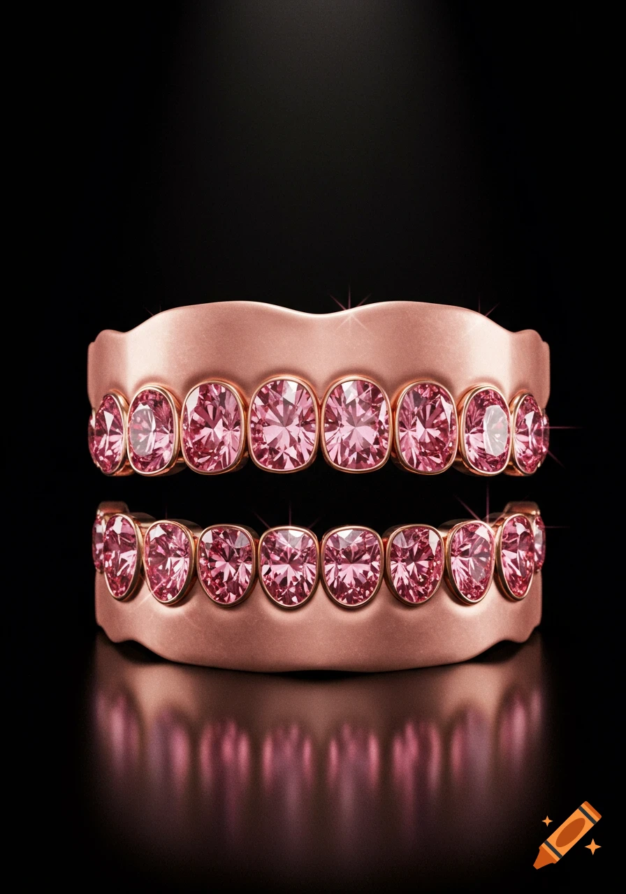 Close-up of sparkling rose gold teeth grills set with numerous pink diamonds, on a black reflective surface.