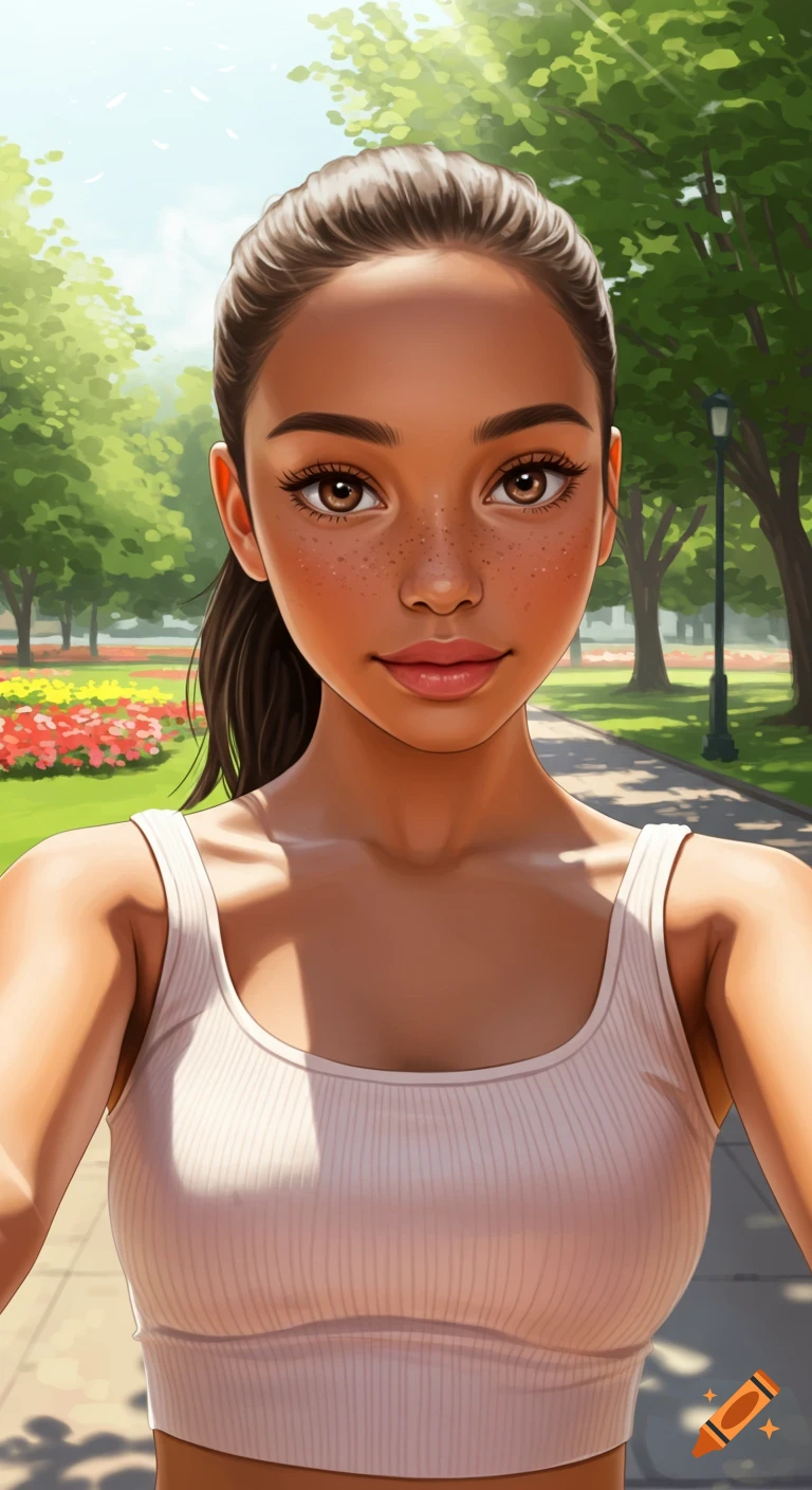 Digital art portrait of a smiling biracial female teenager with a ponytail in a sunny park.