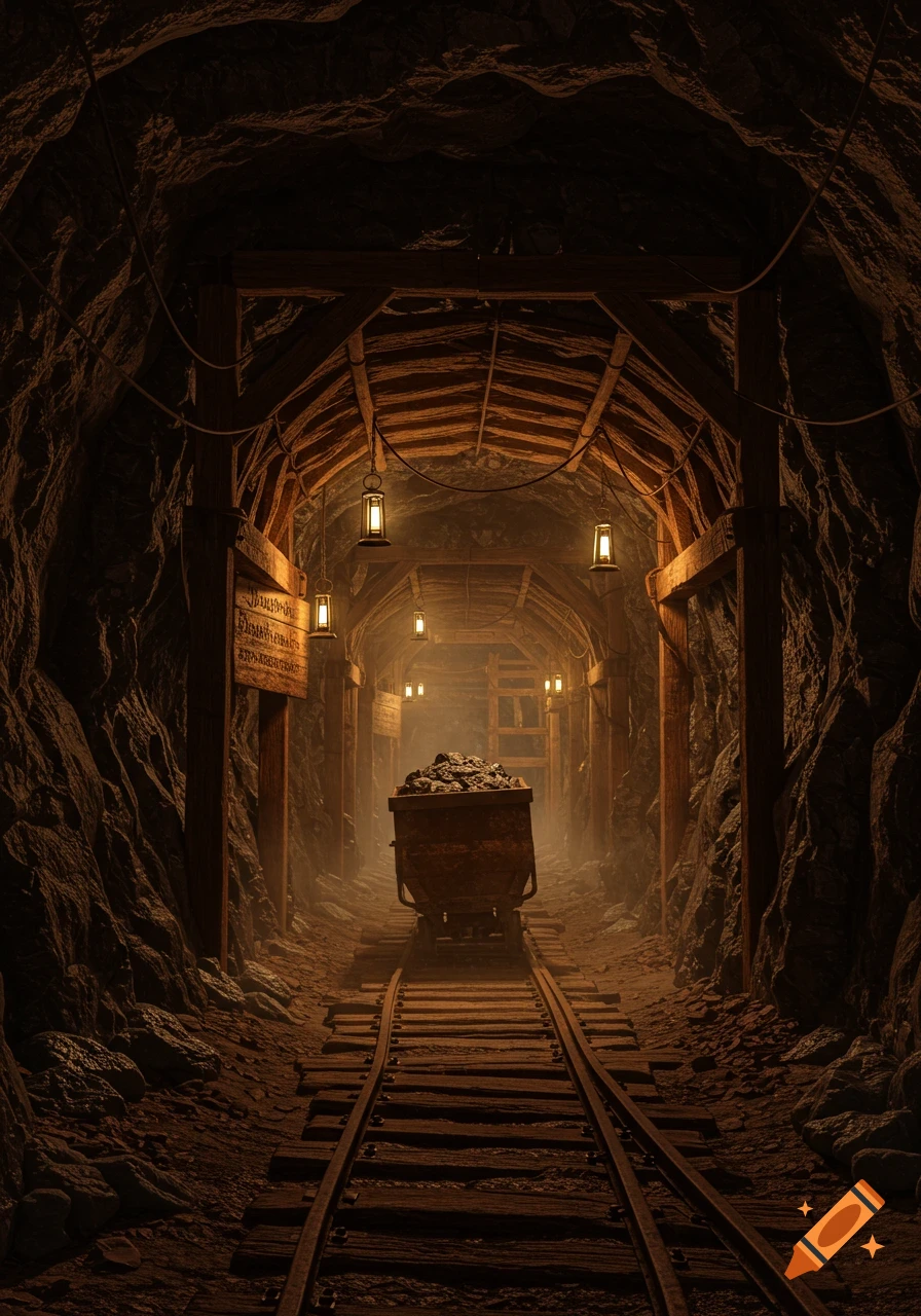 Dark, atmospheric mine tunnel with wooden supports, glowing lanterns, and a coal cart on railway tracks.
