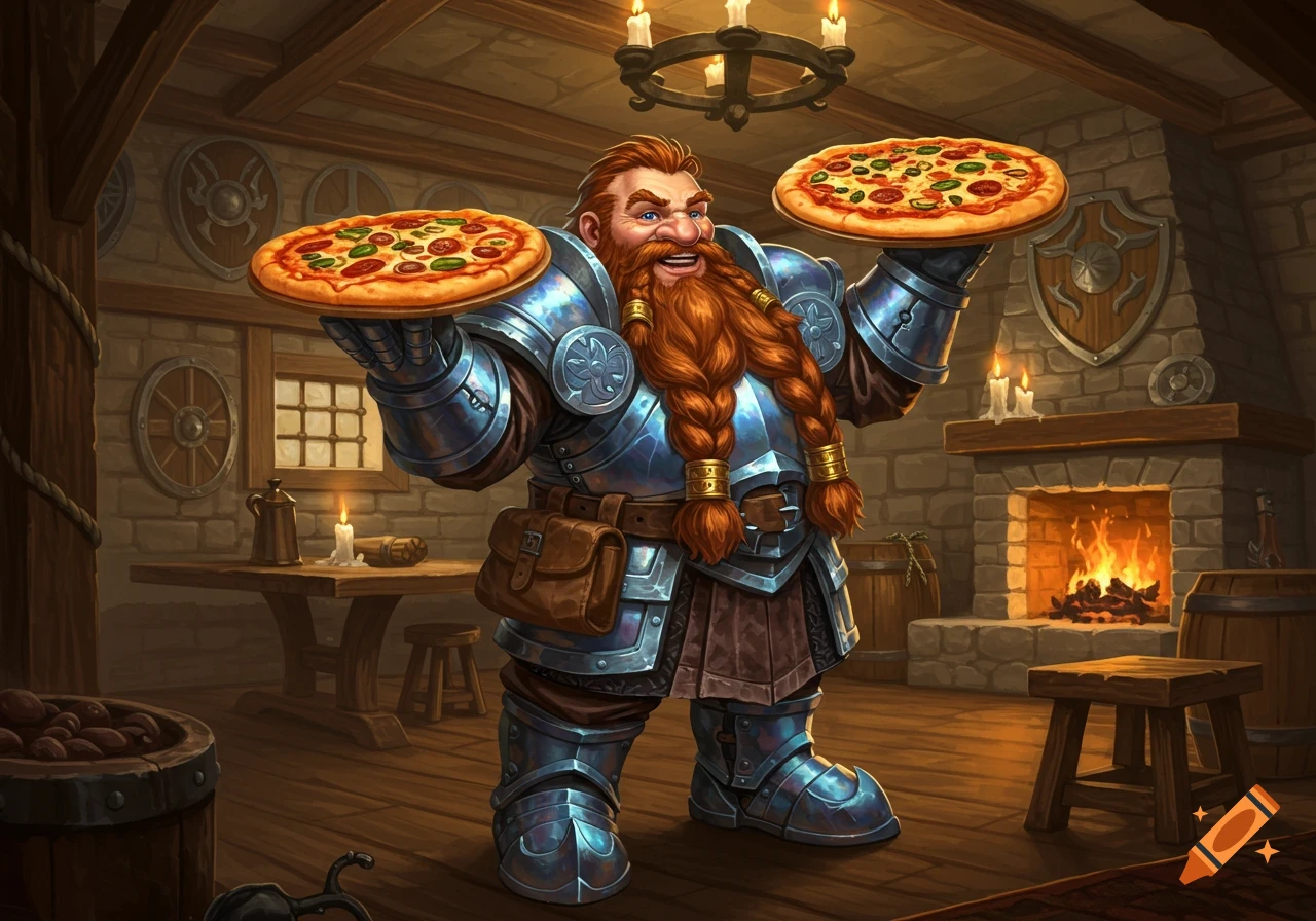 A cheerful fantasy dwarf in armor holds two pizzas in a rustic, candlelit tavern.