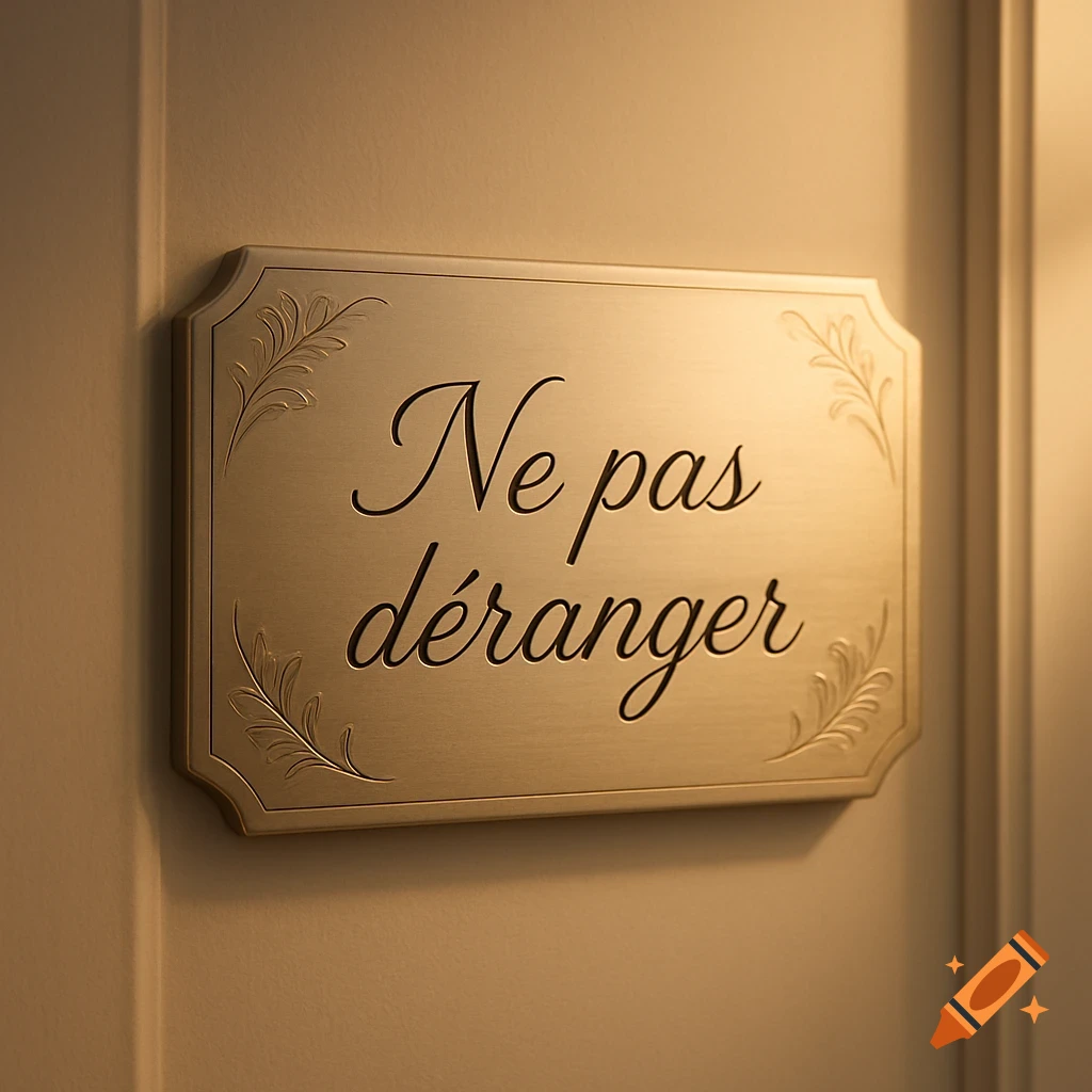 A photorealistic brass 'Ne pas d Ranger' sign with ornate details, mounted on a cream-colored wall.