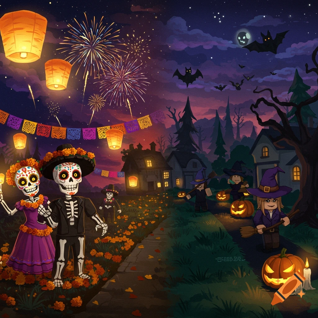 Festive split scene with Day of the Dead skeletons and fireworks on the left, and Roblox-style witches and pumpkins celebrating Halloween on the right.