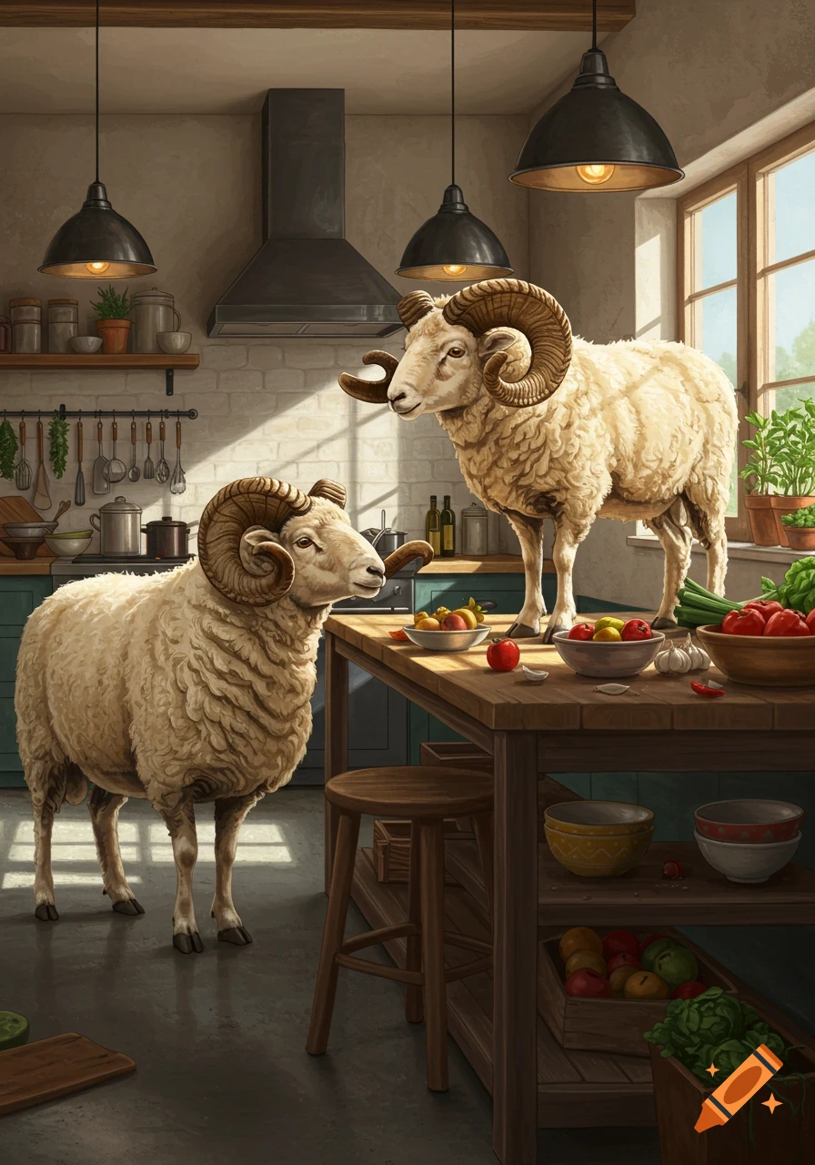 Two photorealistic rams stand in a rustic kitchen; one on a wooden table with fresh produce, the other on the floor.