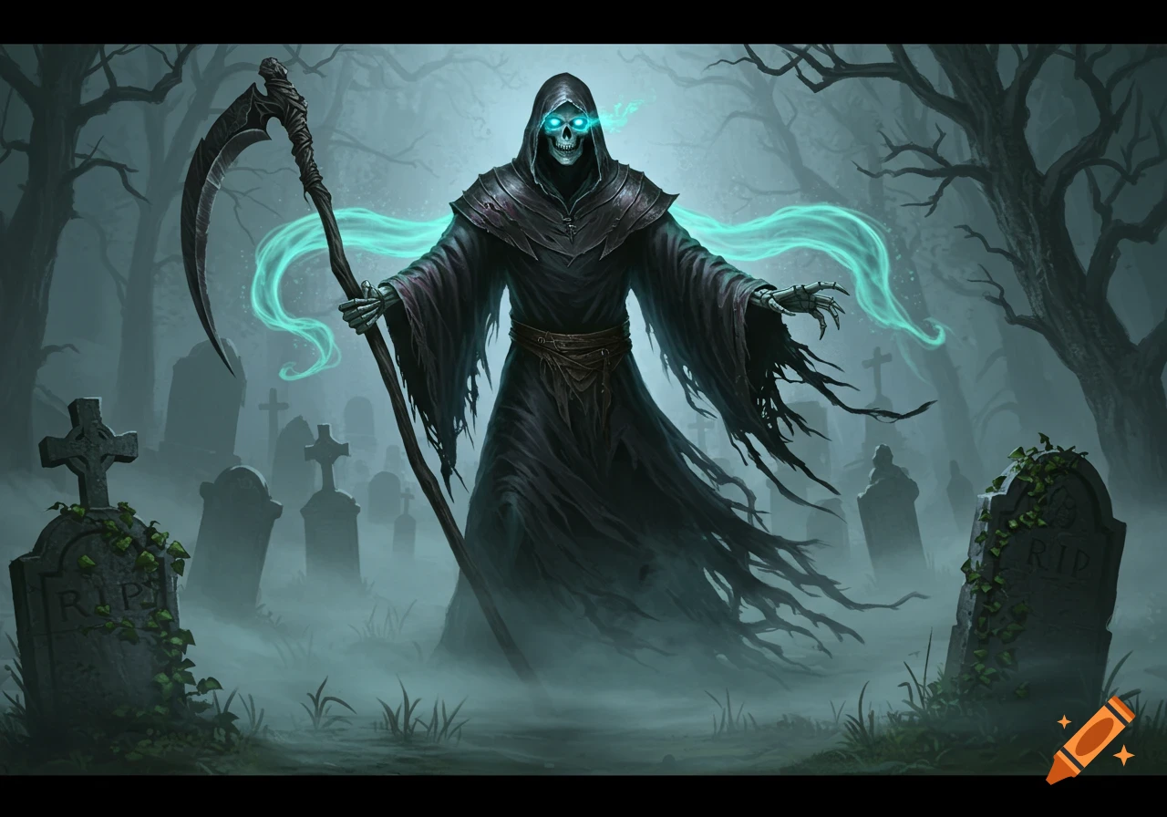A grim reaper with glowing blue eyes and ethereal mist stands in a foggy graveyard, holding a large scythe.