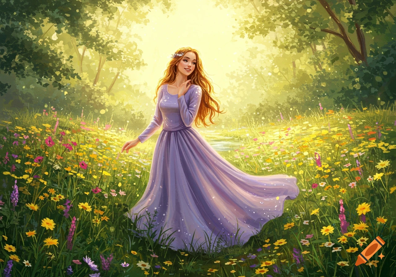 A young woman with long red hair in a purple dress stands smiling in a ...