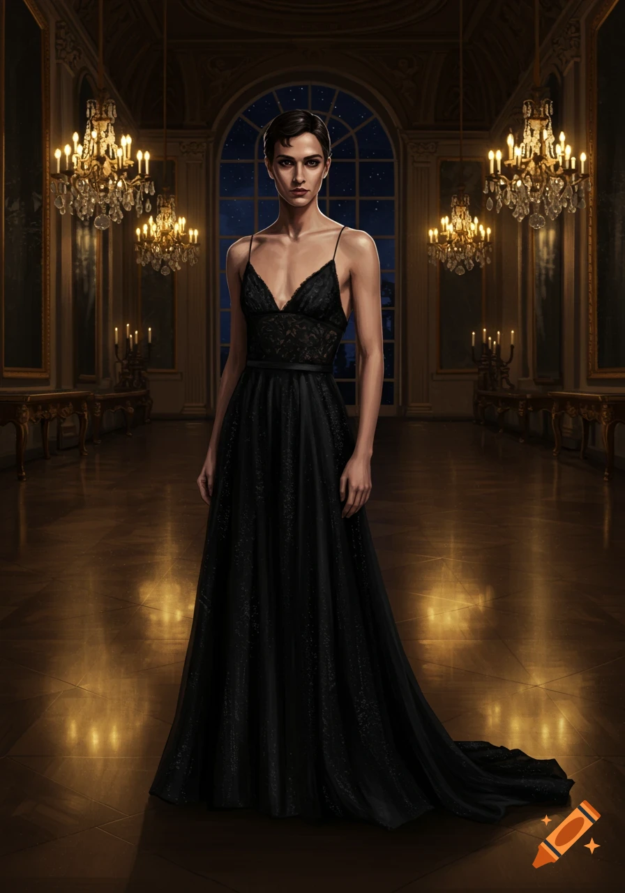A woman in a black formal dress stands elegantly in a grand ballroom with chandeliers, photorealistic.