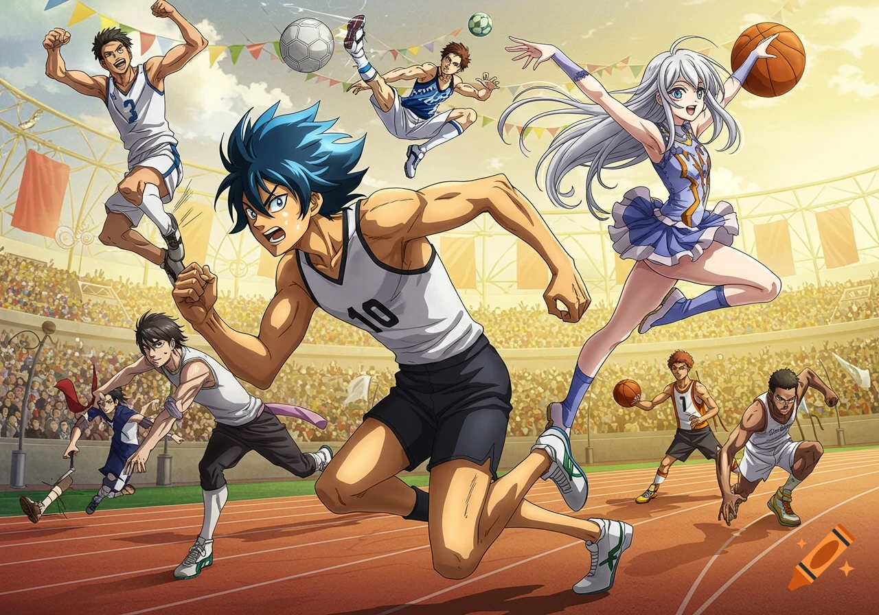 Anime athletes compete in various sports like basketball, soccer, and running in a vibrant stadium.