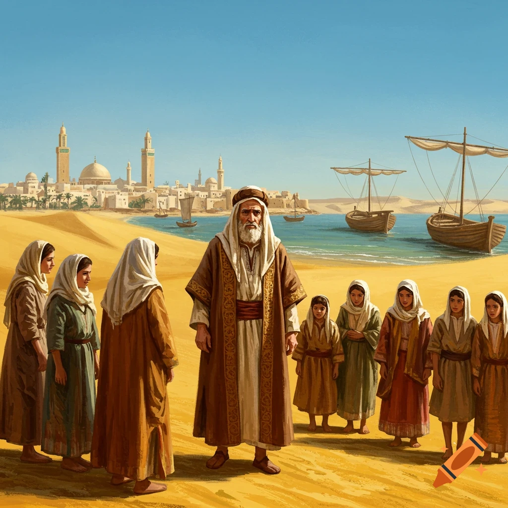 An old man and women in traditional attire stand on a sandy beach by a sea with sailing boats and a distant Middle Eastern city.