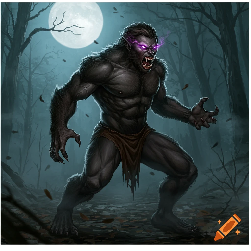A ferocious grey werewolf with glowing purple eyes snarls in a dark, moonlit forest, digital painting.