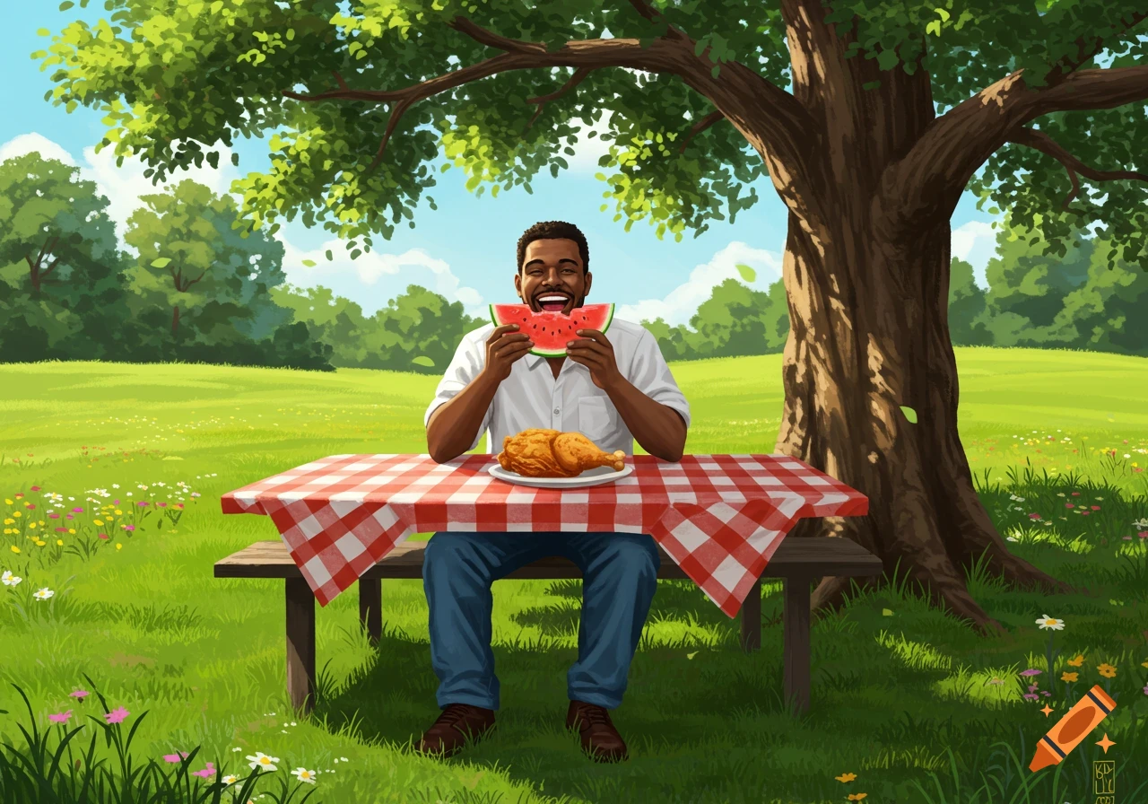 A smiling Black man eats watermelon at a picnic table with fried chicken, under a large tree in a sunny, grassy field.