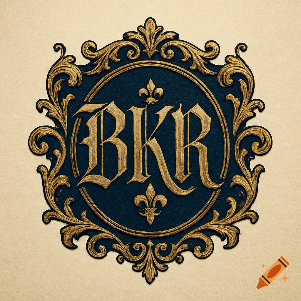 Gold and dark blue ornate logo with 'BKR' in gothic script, framed by flourishes and fleur-de-lis symbols on a beige background.