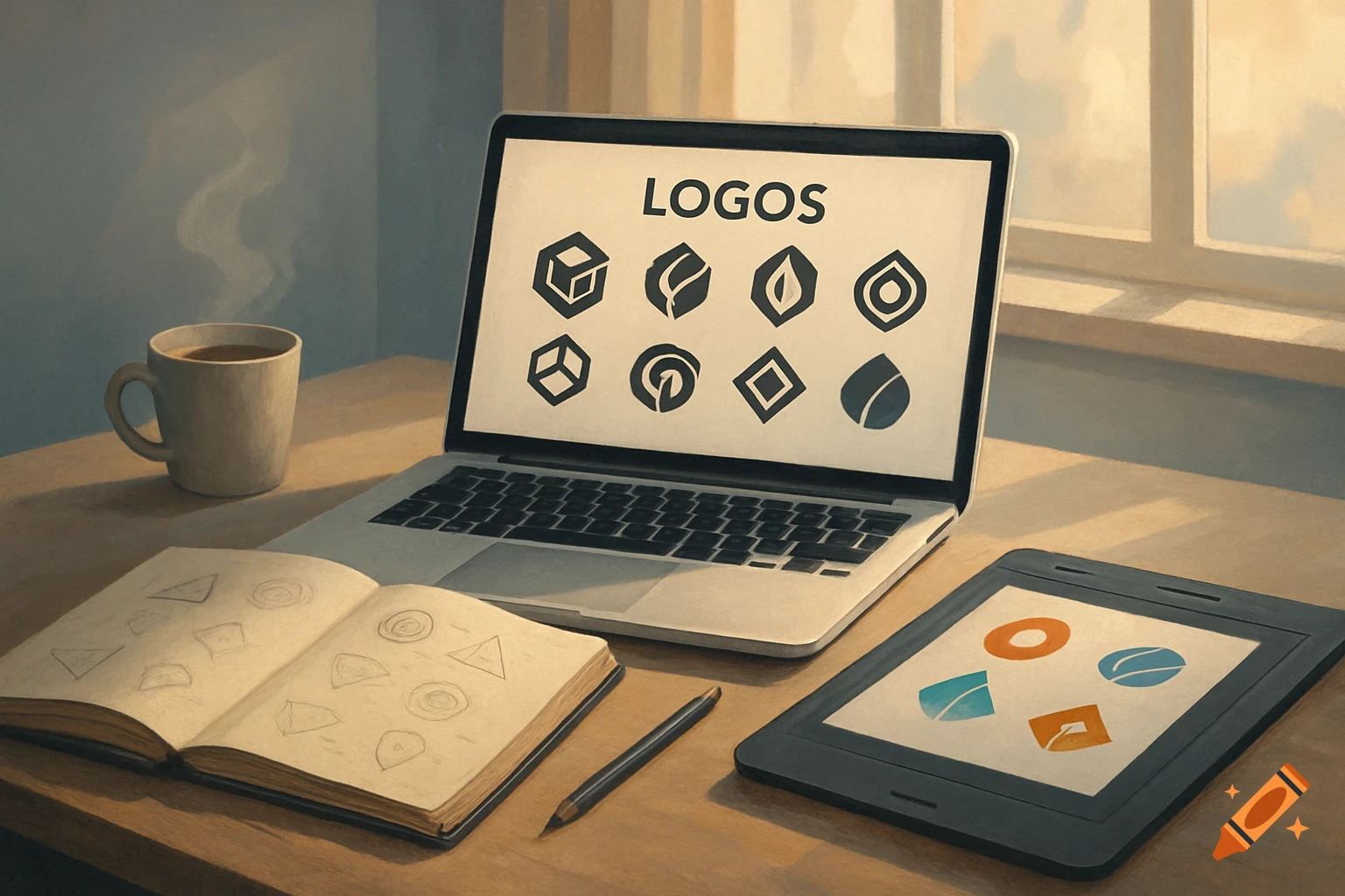 Painterly depiction of a logo designer's desk with a laptop displaying 'LOGOS', a sketchbook, tablet, and coffee.