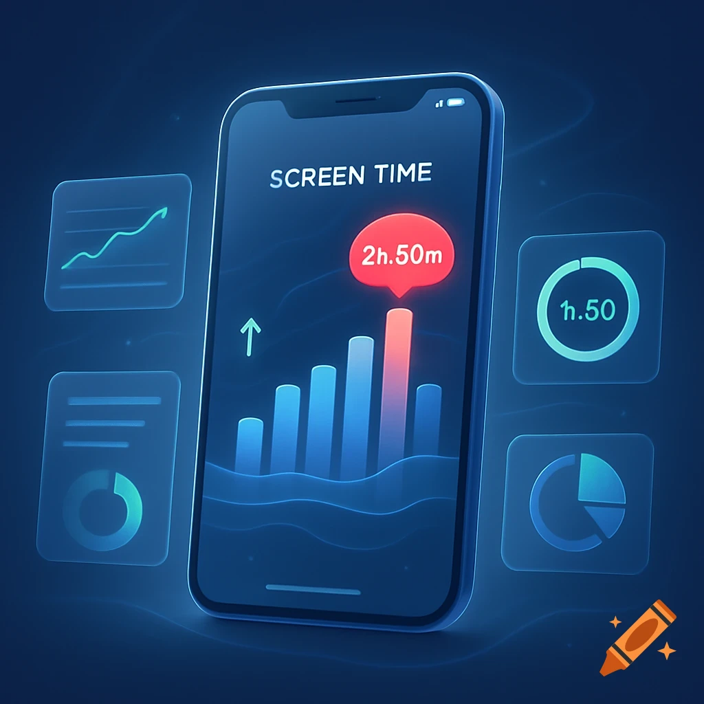 A smartphone displays a screen time app with a bar chart, "2h.50m" warning, and surrounding data widgets in a blue digital style.