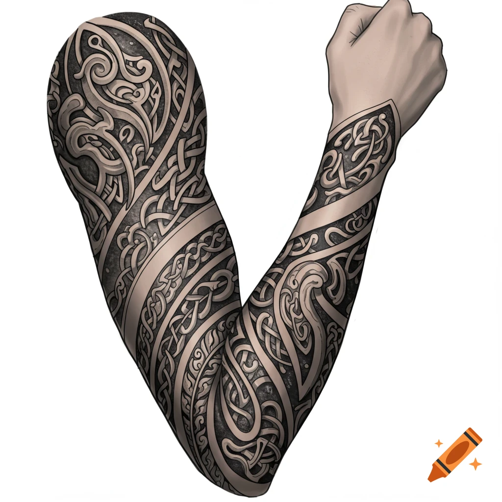 An arm with an intricate full-sleeve ornamental tattoo featuring Celtic knot patterns.