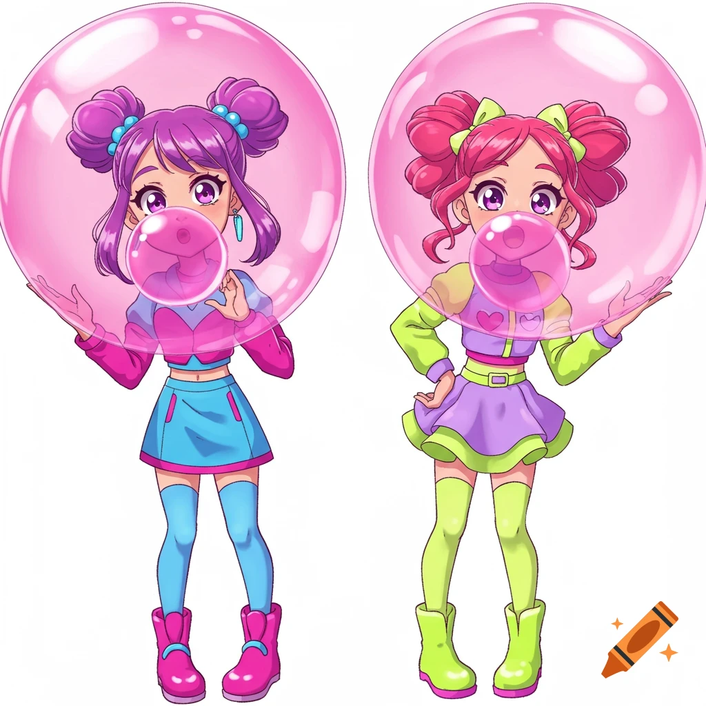 Two vibrant anime-style girls blowing giant pink bubblegum bubbles on a white background.