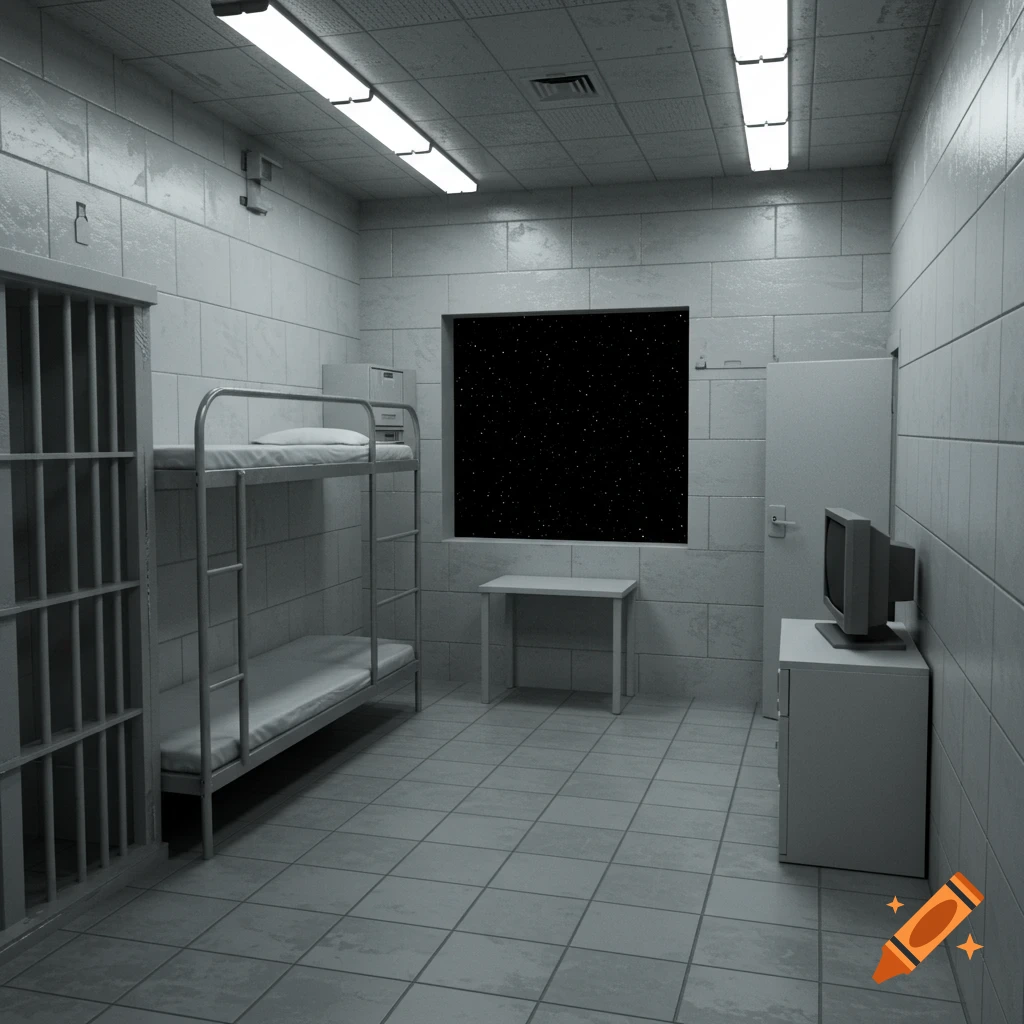 Photorealistic dark prison cell with a bunk bed, table, TV, and barred door, a window shows the starry void of outer space.