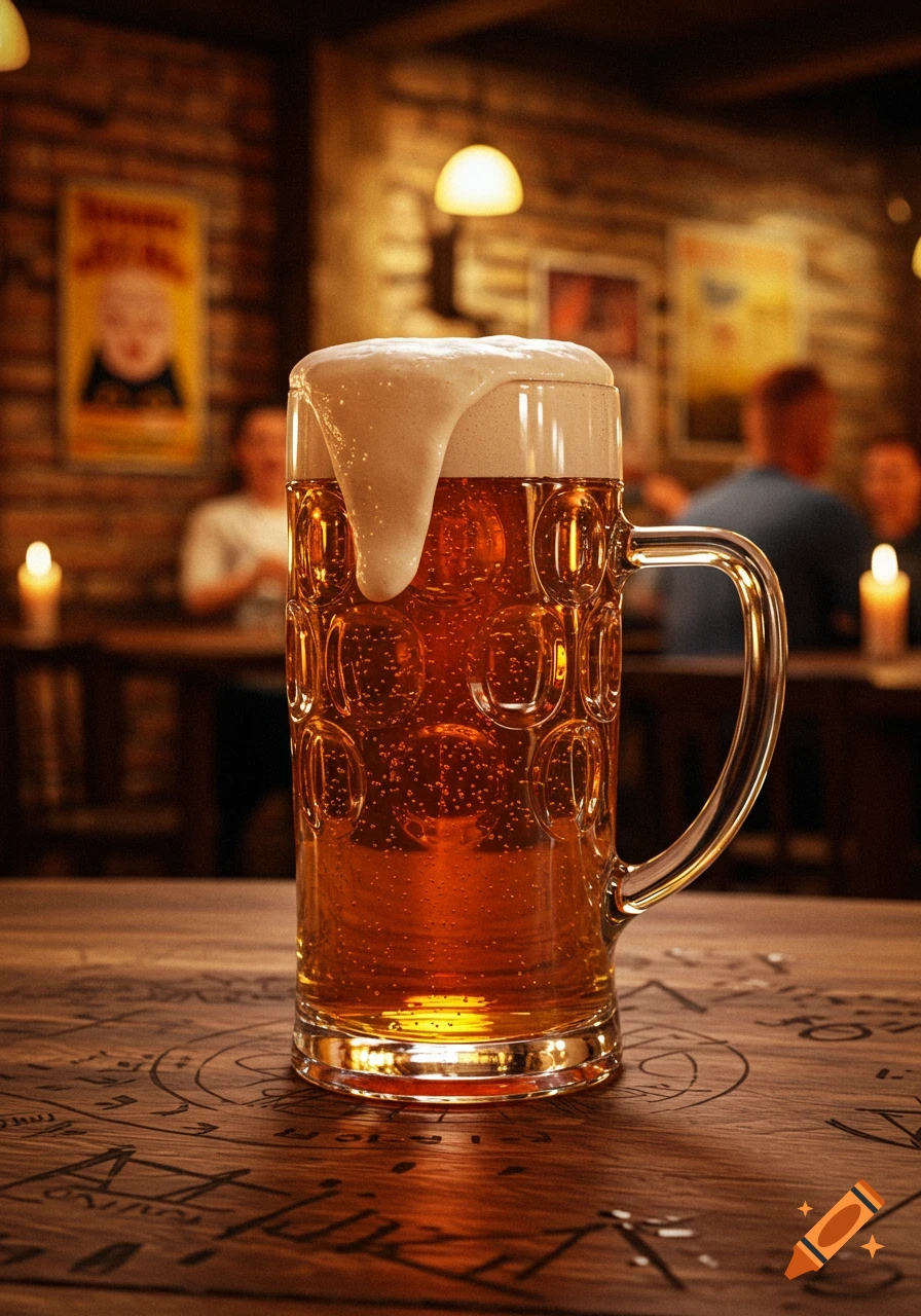 A foamy mug of beer sits on a carved wooden table in a dimly lit pub with blurred patrons.