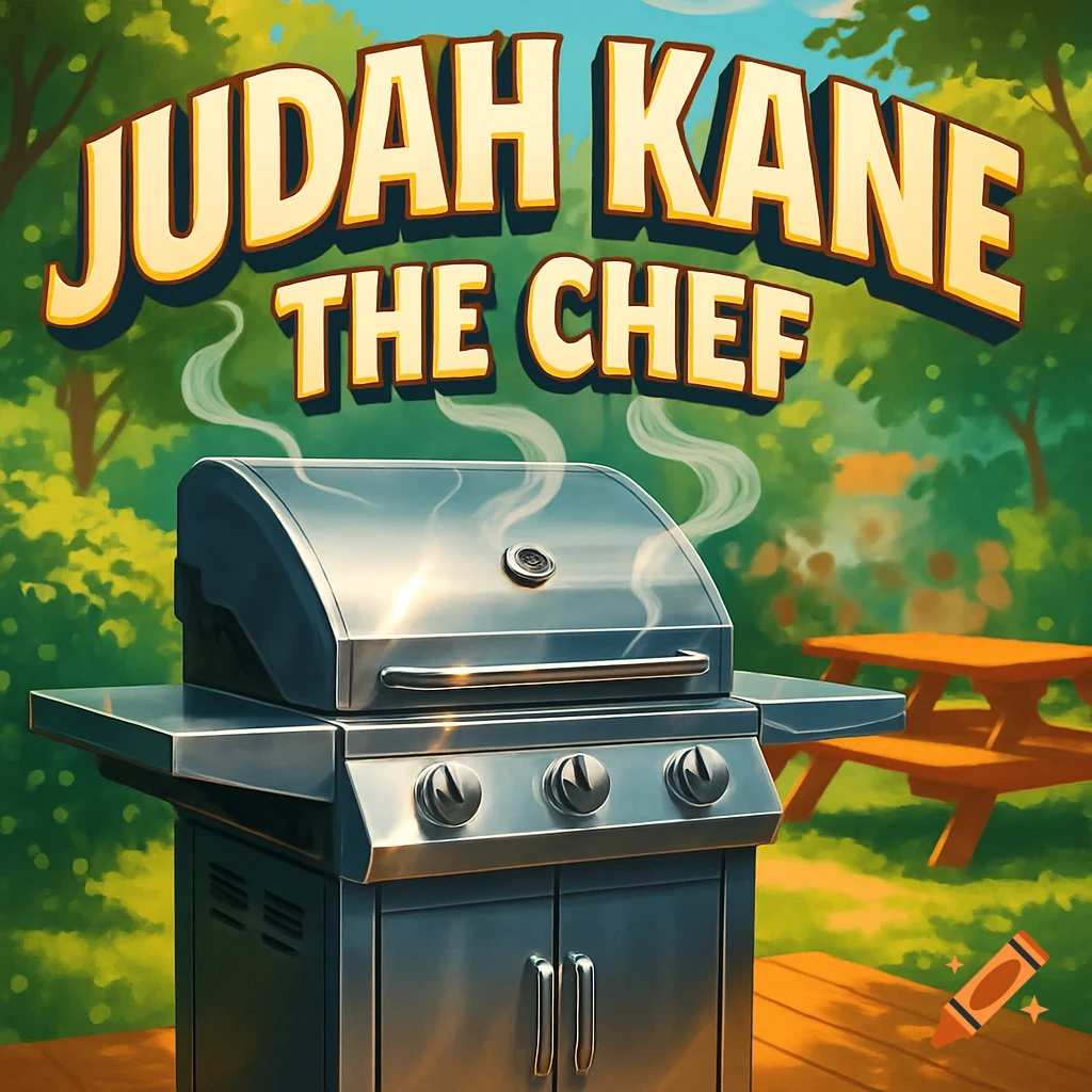 Illustrated backyard scene with a shiny gas grill, smoke rising, and the text 'Judah Kane The Chef' above. A picnic table is in the background.