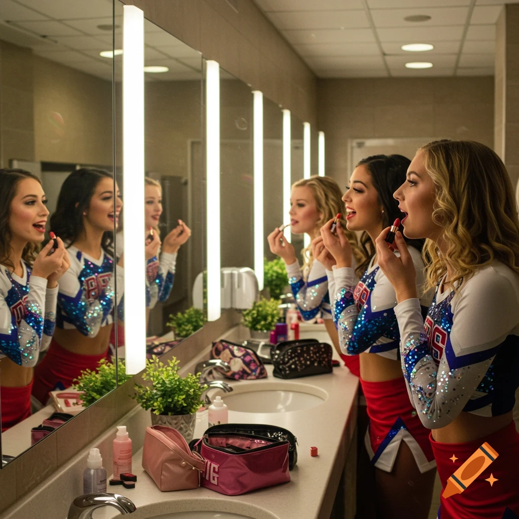 Photorealistic image of three college female cheerleaders applying lipstick in front of mirrors in a public restroom.