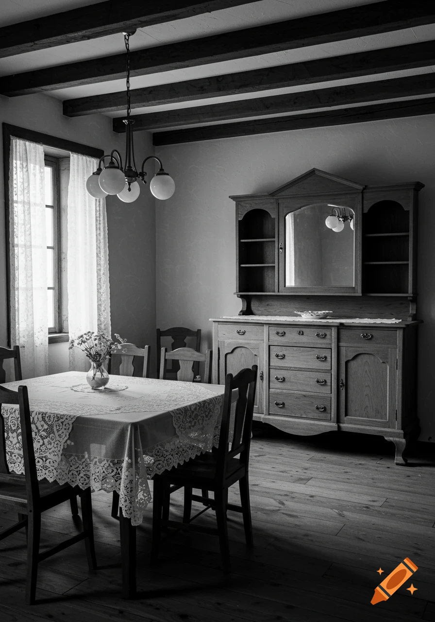 Black and white photo of a vintage rural dining room with a lace-covered table, chairs, hutch, window, and exposed ceiling beams.