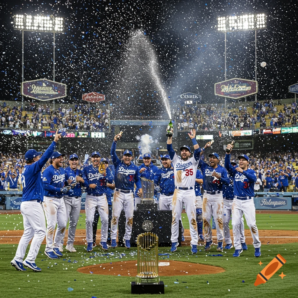 Photorealistic image of Dodgers baseball players celebrating a World Series win on the field at night with champagne and confetti.