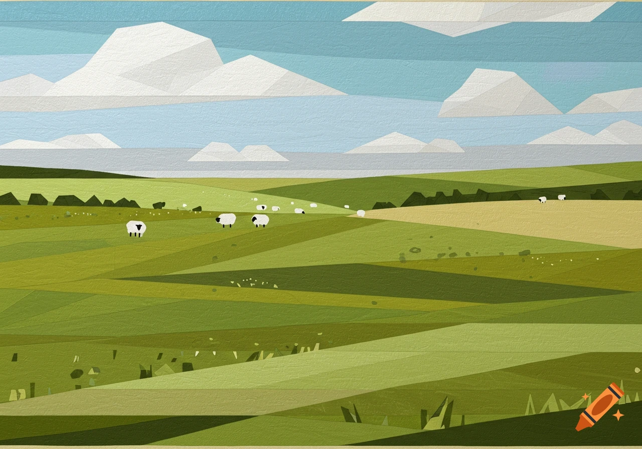 A stylized geometric landscape featuring green pastures, white polygon clouds in a blue sky, and several small white sheep.