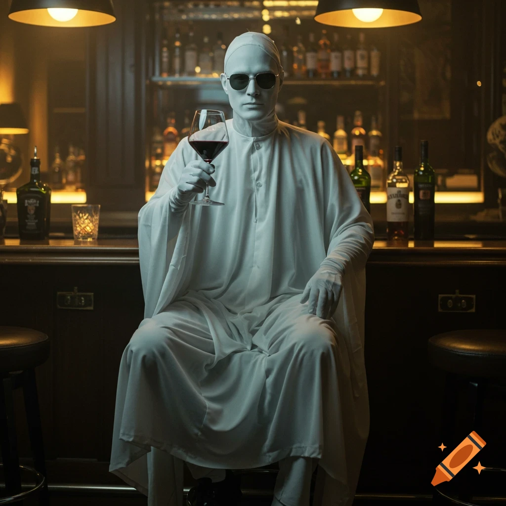 A person dressed in white ghost-like attire and sunglasses sits at a dark bar, holding a glass of red wine.