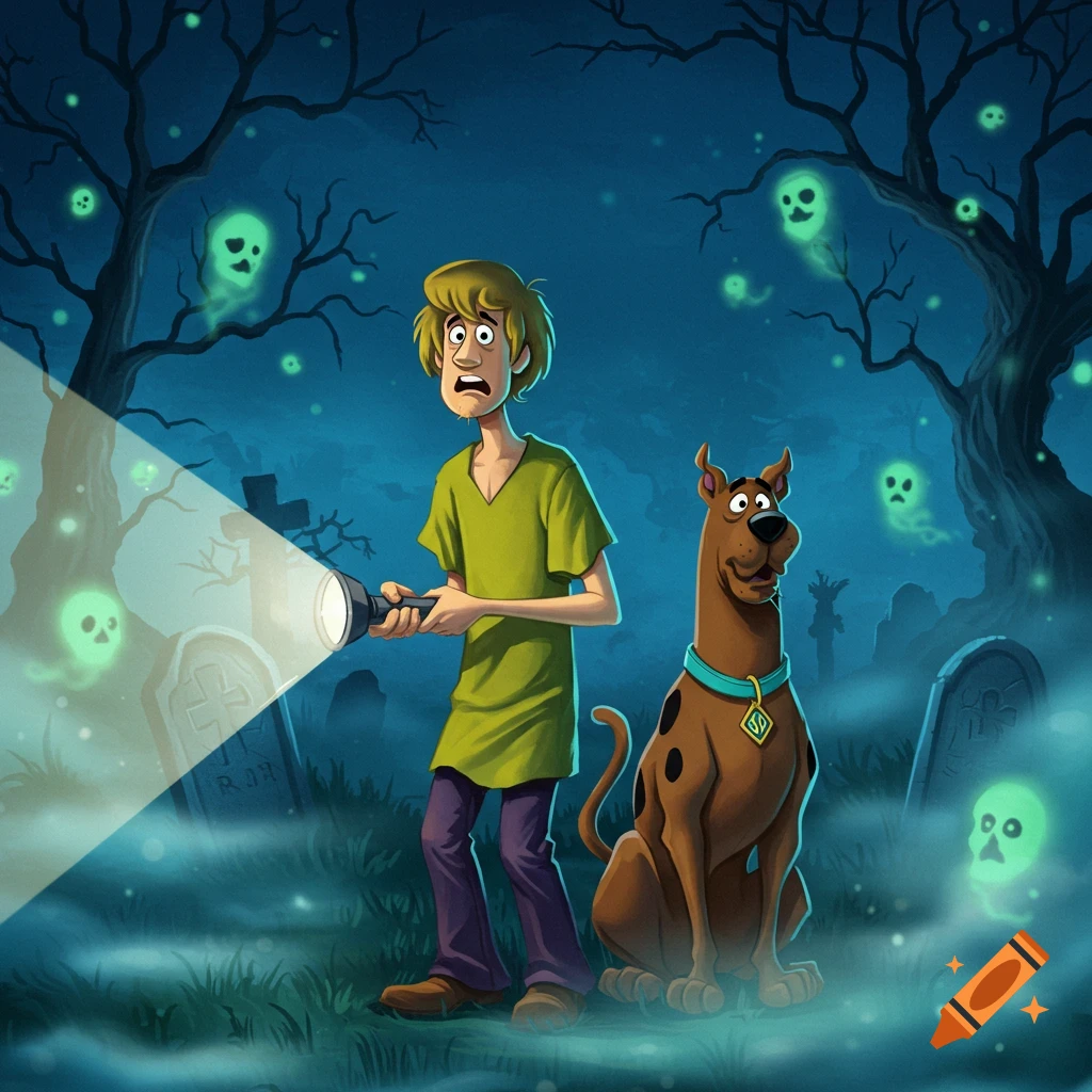 Shaggy and Scooby-Doo in a spooky graveyard at night, illuminated by a flashlight, surrounded by glowing green ghosts.