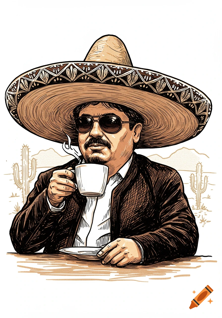 A cartoon illustration of a man with a mustache, sunglasses, and a sombrero drinking coffee in a desert setting.