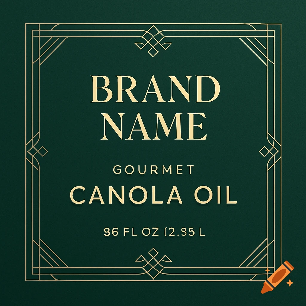 Stylish dark green and gold Art Deco label for gourmet canola oil with 'BRAND NAME', 'GOURMET', 'CANOLA OIL', and '96 FL OZ (2.95 L)'.