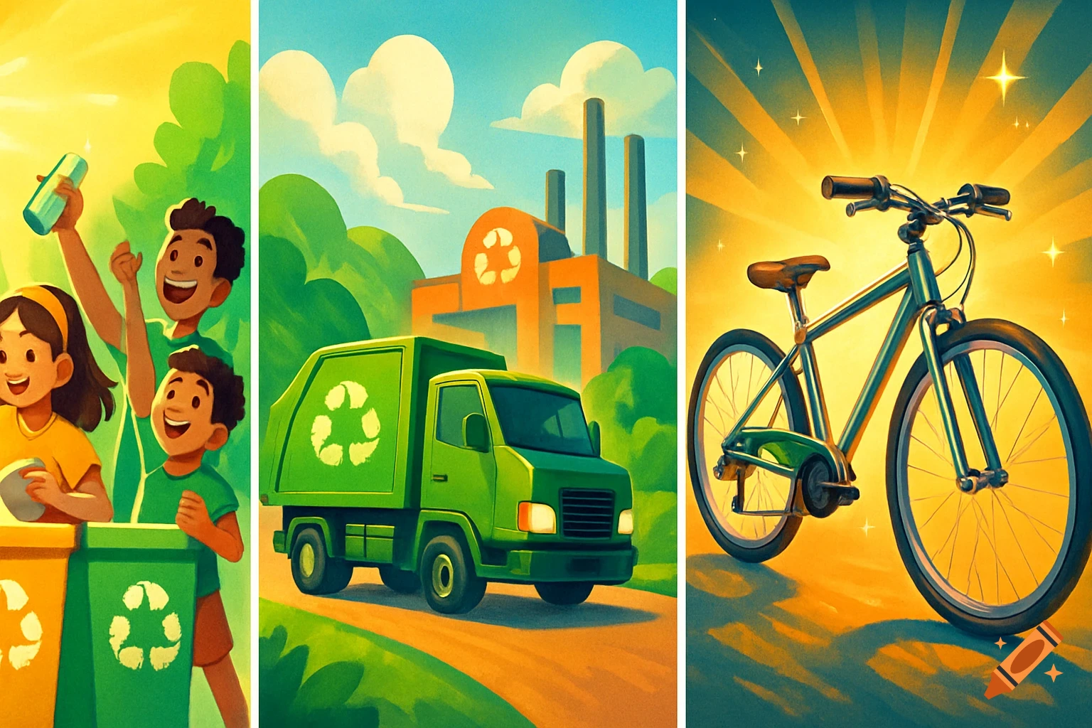 A vibrant three-panel illustration depicting an eco-friendly theme: children recycling, a green recycling truck, and a shiny bicycle.