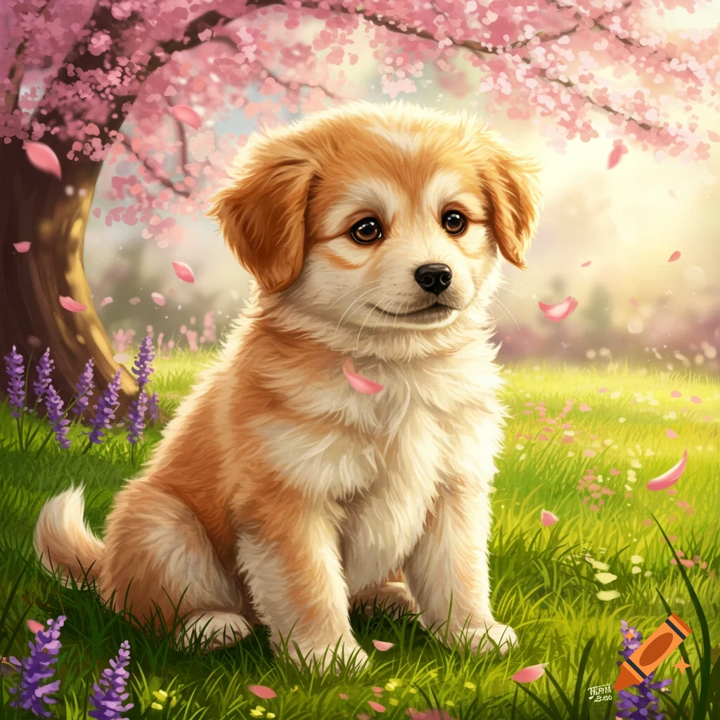A fluffy light brown and white puppy sits in a vibrant grassy field with purple flowers, under a cherry blossom tree with falling pink petals in a whimsical digital art style.