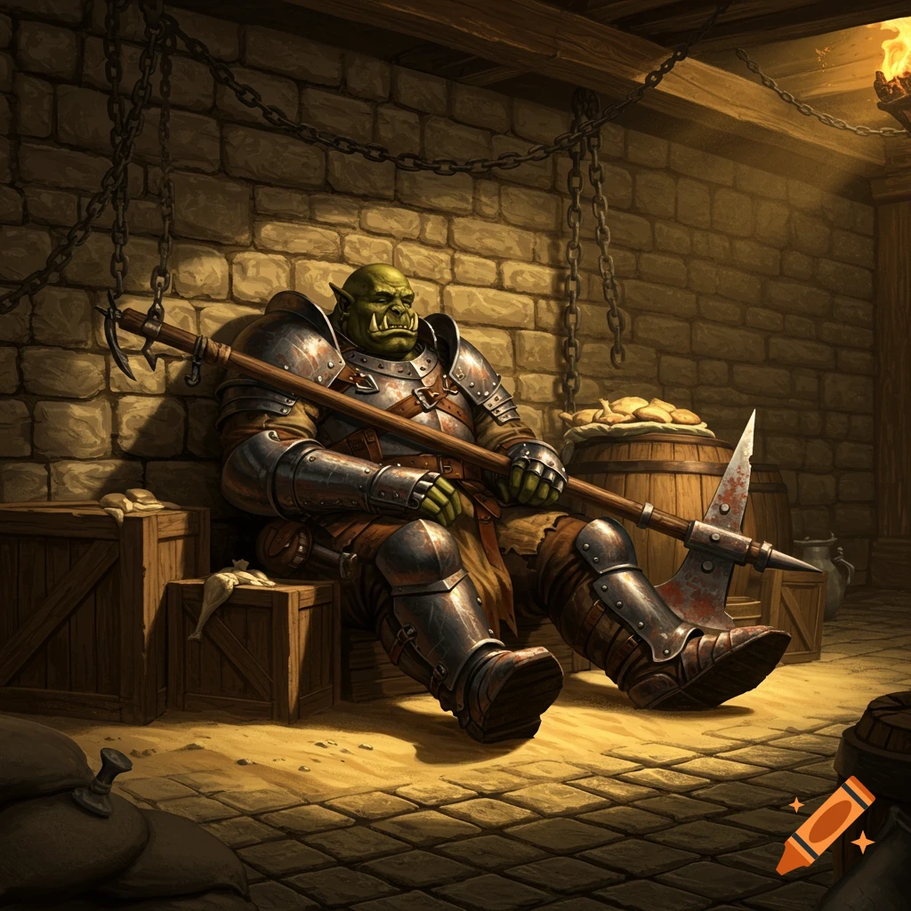 A heavily armored orc guard with green skin and tusks sits holding a large axe in a dimly lit stone storeroom.