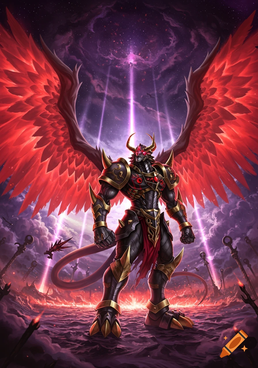 Red-winged armored demon-like warrior with golden horns stands on a fiery battlefield under a cosmic purple sky.