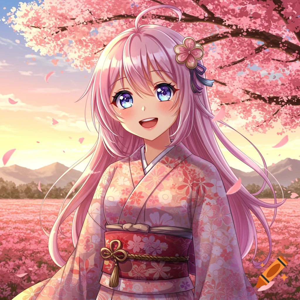 Smiling anime girl with long pink hair and blue eyes, wearing a floral kimono, stands in a field of pink cherry blossoms at sunset.