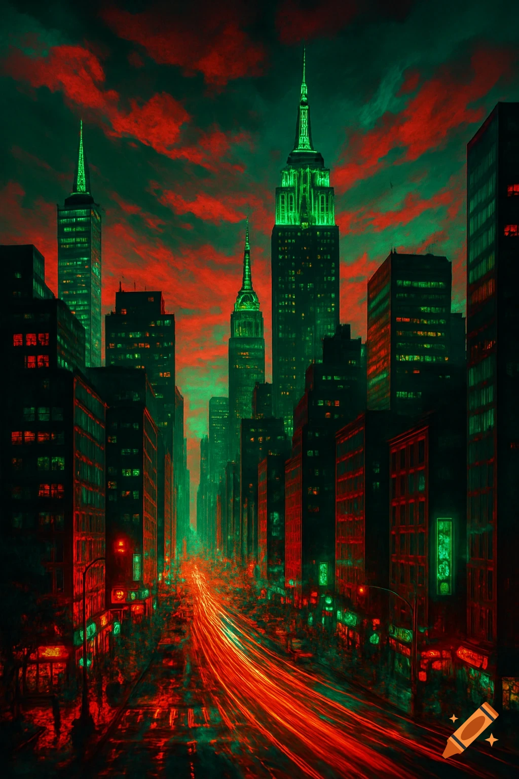 A vibrant, neon-lit cityscape at night with tall skyscrapers, including one resembling the Empire State Building, under a red and green sky. Red light trails stream along the street.