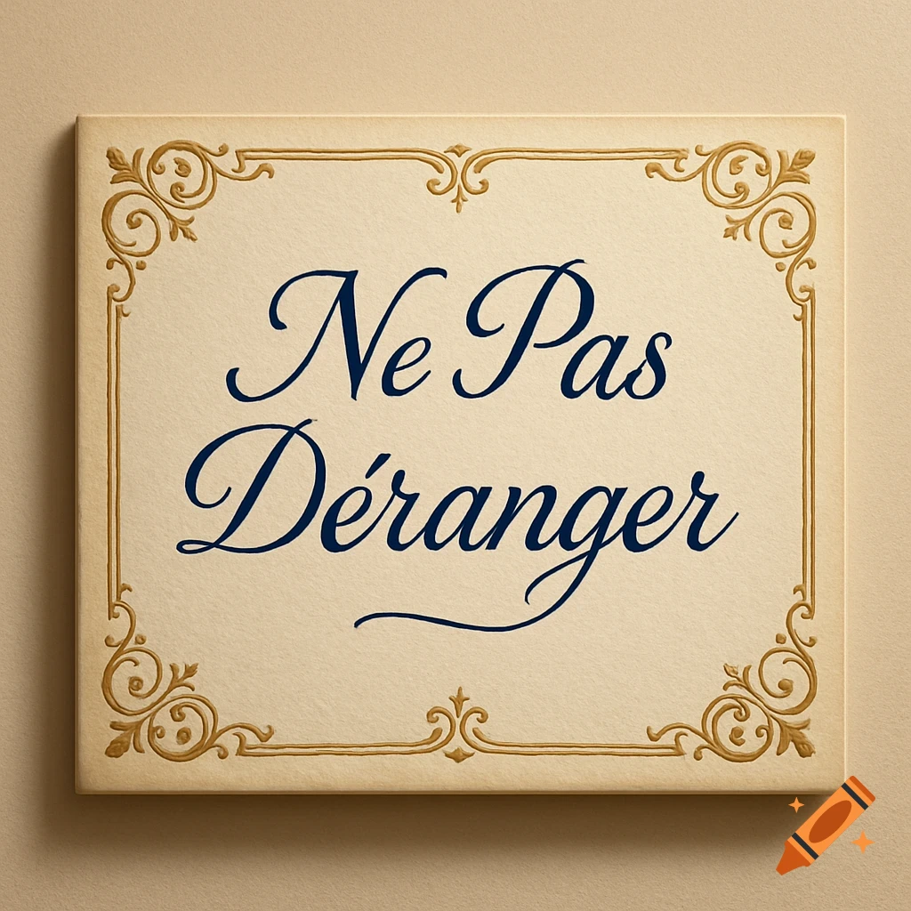 Ornate beige sign with 'Ne Pas Déranger' in elegant blue script and a gold scrollwork border.