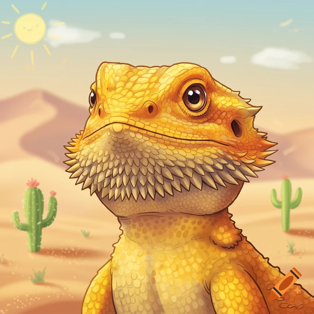Cartoon portrait of a yellow bearded dragon with a spiky beard in a sunny desert with cacti.