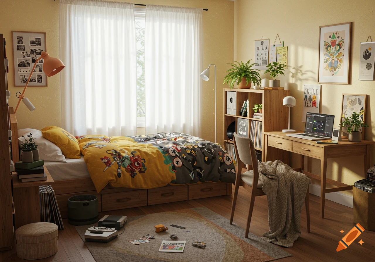 A photorealistic image of a cozy, well-furnished bedroom with a bed, desk, laptop, plants, and various wall art.