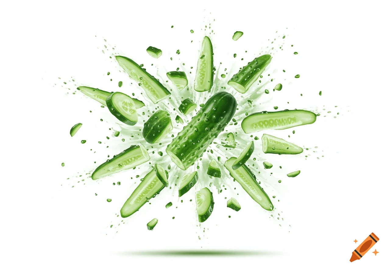 An exploding cucumber, with its body and slices surrounded by green liquid splashes against a white background.