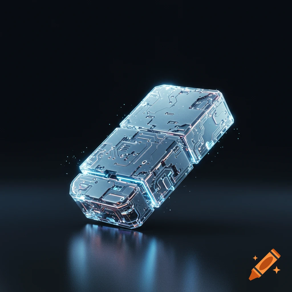 A futuristic, complex eraser icon with translucent circuit board elements and glowing blue lights, on a dark background.
