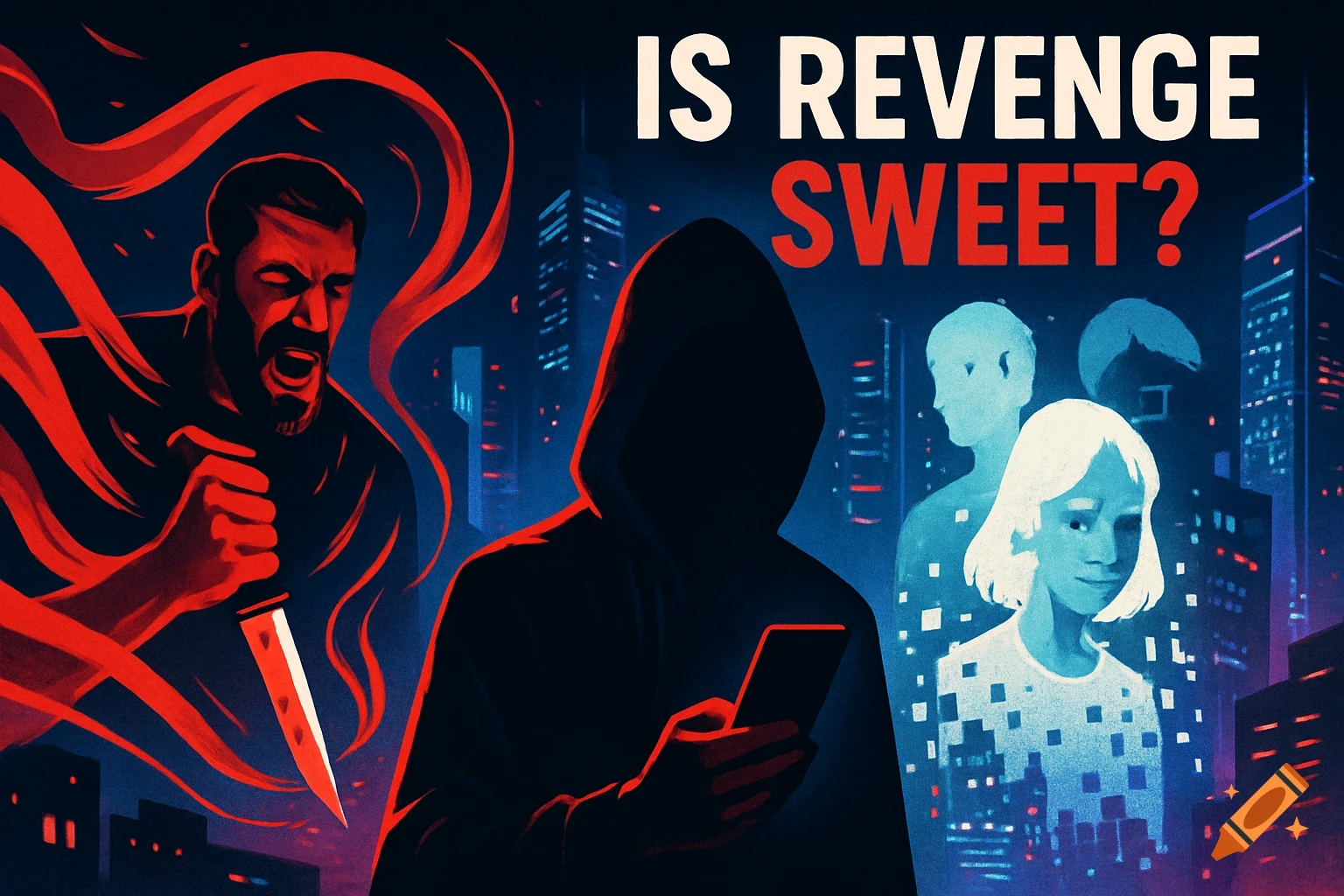 Dark, stylized illustration with text 'IS REVENGE SWEET?' above an angry man with a knife, a hooded person on a phone, and ghostly figures in a city.